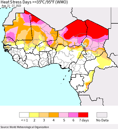 Western Africa Heat Stress Days >=35°C/95°F (WMO) Thematic Map For 8/21/2023 - 8/27/2023