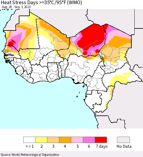 Western Africa Heat Stress Days >=35°C/95°F (WMO) Thematic Map For 8/28/2023 - 9/3/2023