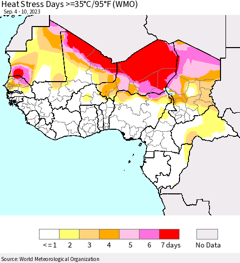 Western Africa Heat Stress Days >=35°C/95°F (WMO) Thematic Map For 9/4/2023 - 9/10/2023