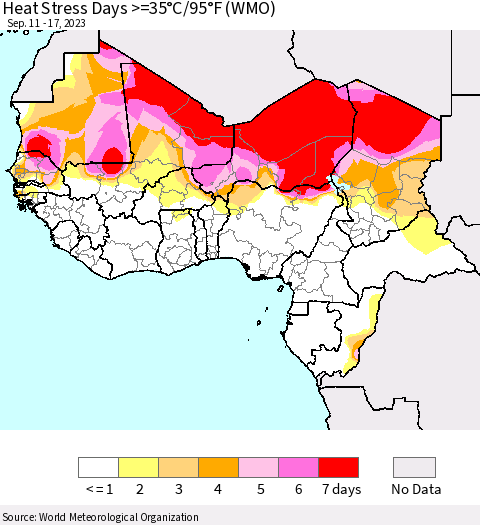 Western Africa Heat Stress Days >=35°C/95°F (WMO) Thematic Map For 9/11/2023 - 9/17/2023