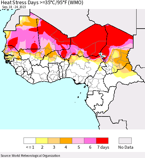 Western Africa Heat Stress Days >=35°C/95°F (WMO) Thematic Map For 9/18/2023 - 9/24/2023