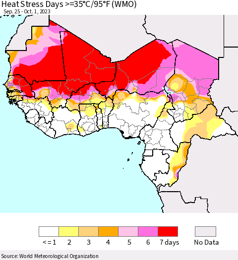 Western Africa Heat Stress Days >=35°C/95°F (WMO) Thematic Map For 9/25/2023 - 10/1/2023