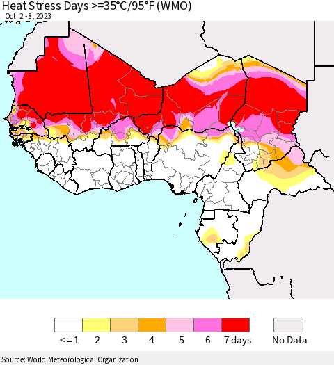 Western Africa Heat Stress Days >=35°C/95°F (WMO) Thematic Map For 10/2/2023 - 10/8/2023