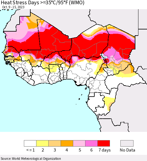 Western Africa Heat Stress Days >=35°C/95°F (WMO) Thematic Map For 10/9/2023 - 10/15/2023