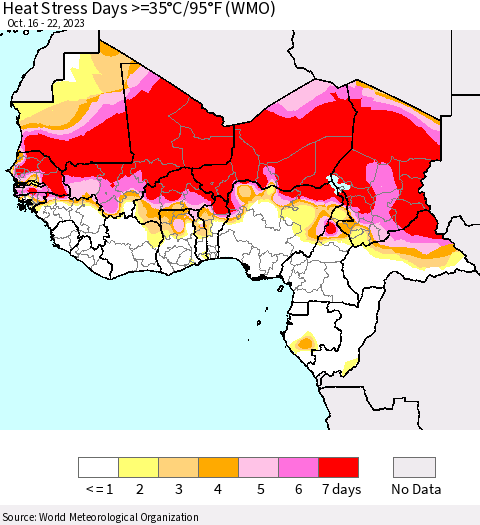 Western Africa Heat Stress Days >=35°C/95°F (WMO) Thematic Map For 10/16/2023 - 10/22/2023