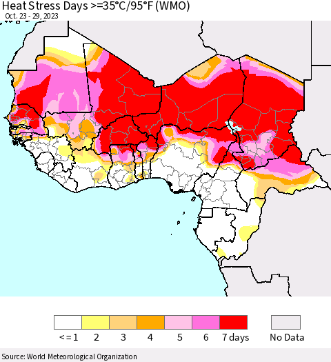 Western Africa Heat Stress Days >=35°C/95°F (WMO) Thematic Map For 10/23/2023 - 10/29/2023
