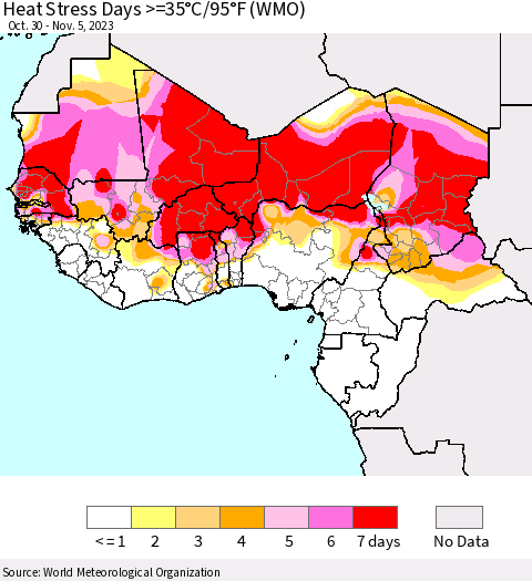 Western Africa Heat Stress Days >=35°C/95°F (WMO) Thematic Map For 10/30/2023 - 11/5/2023