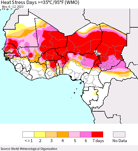 Western Africa Heat Stress Days >=35°C/95°F (WMO) Thematic Map For 11/6/2023 - 11/12/2023