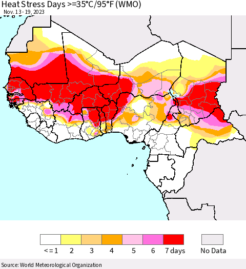 Western Africa Heat Stress Days >=35°C/95°F (WMO) Thematic Map For 11/13/2023 - 11/19/2023