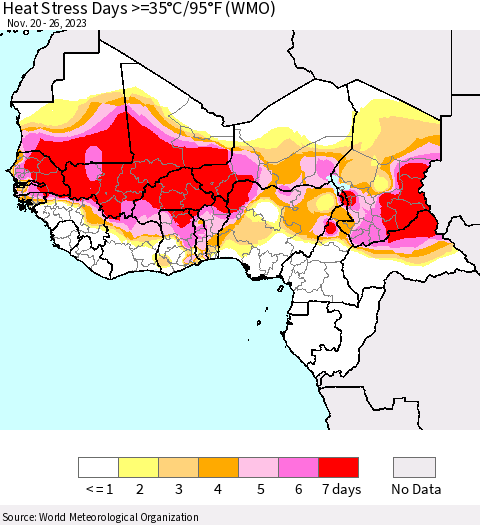 Western Africa Heat Stress Days >=35°C/95°F (WMO) Thematic Map For 11/20/2023 - 11/26/2023