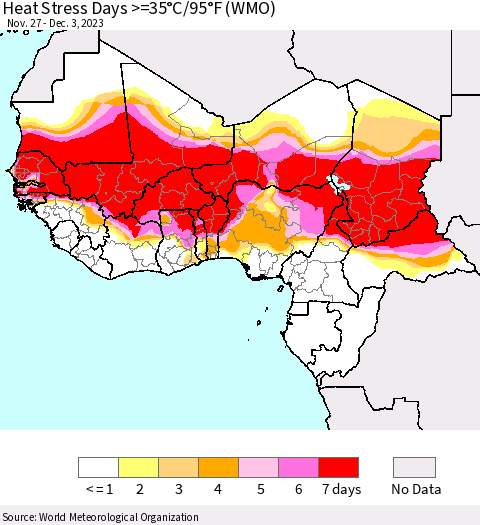 Western Africa Heat Stress Days >=35°C/95°F (WMO) Thematic Map For 11/27/2023 - 12/3/2023