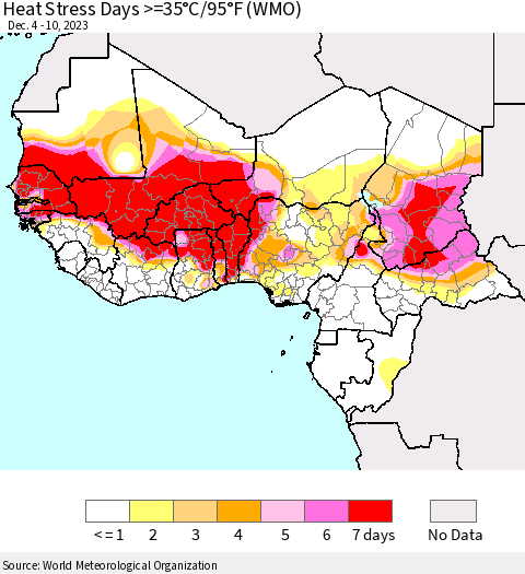 Western Africa Heat Stress Days >=35°C/95°F (WMO) Thematic Map For 12/4/2023 - 12/10/2023