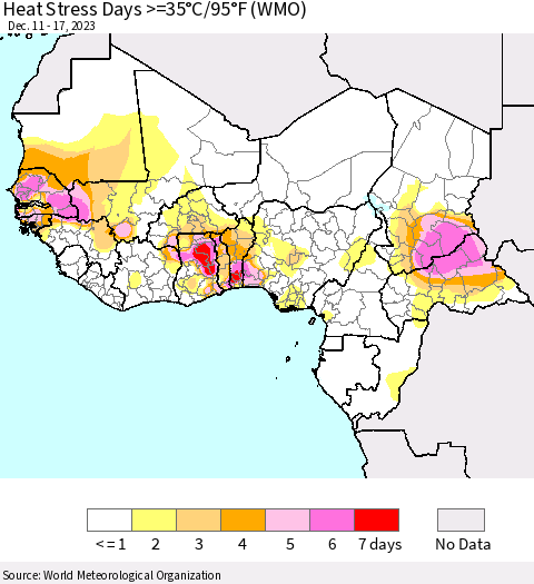 Western Africa Heat Stress Days >=35°C/95°F (WMO) Thematic Map For 12/11/2023 - 12/17/2023