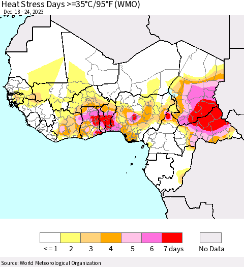 Western Africa Heat Stress Days >=35°C/95°F (WMO) Thematic Map For 12/18/2023 - 12/24/2023