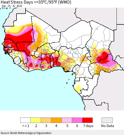 Western Africa Heat Stress Days >=35°C/95°F (WMO) Thematic Map For 12/25/2023 - 12/31/2023