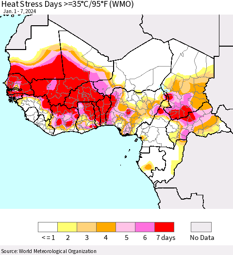 Western Africa Heat Stress Days >=35°C/95°F (WMO) Thematic Map For 1/1/2024 - 1/7/2024