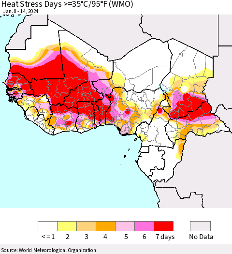Western Africa Heat Stress Days >=35°C/95°F (WMO) Thematic Map For 1/8/2024 - 1/14/2024