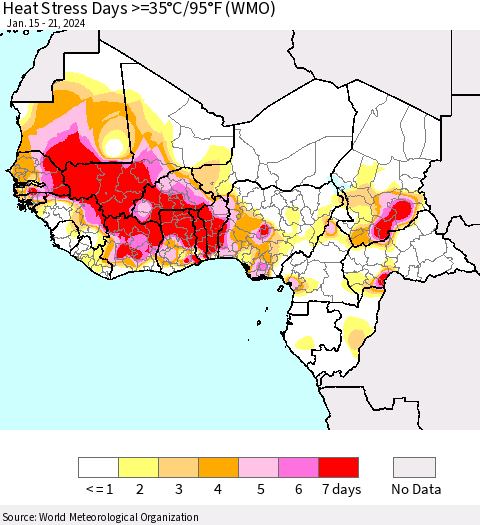 Western Africa Heat Stress Days >=35°C/95°F (WMO) Thematic Map For 1/15/2024 - 1/21/2024