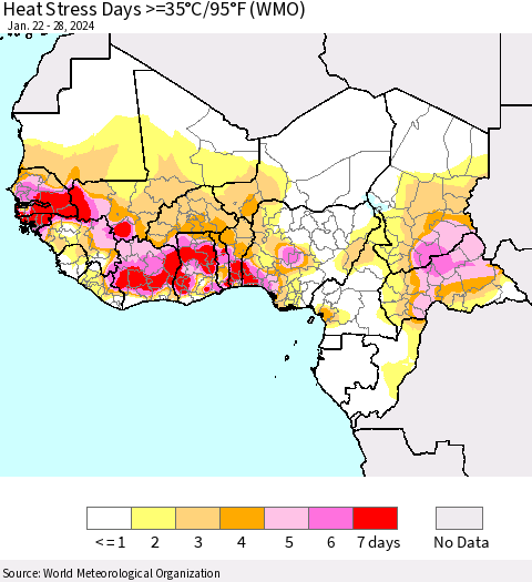 Western Africa Heat Stress Days >=35°C/95°F (WMO) Thematic Map For 1/22/2024 - 1/28/2024