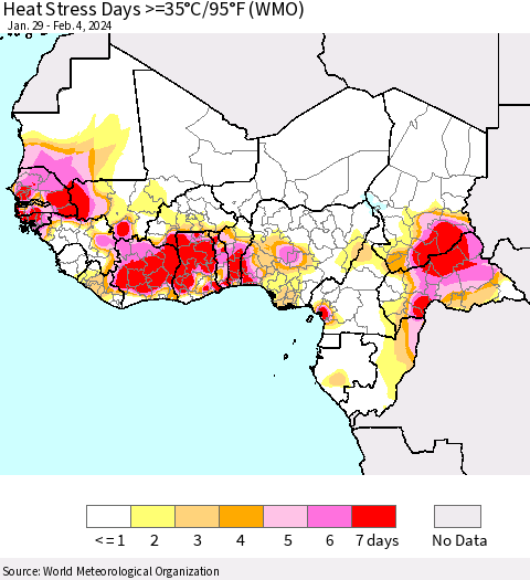 Western Africa Heat Stress Days >=35°C/95°F (WMO) Thematic Map For 1/29/2024 - 2/4/2024