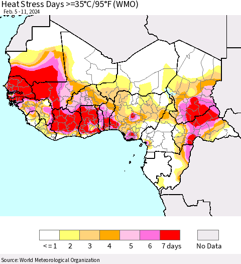 Western Africa Heat Stress Days >=35°C/95°F (WMO) Thematic Map For 2/5/2024 - 2/11/2024