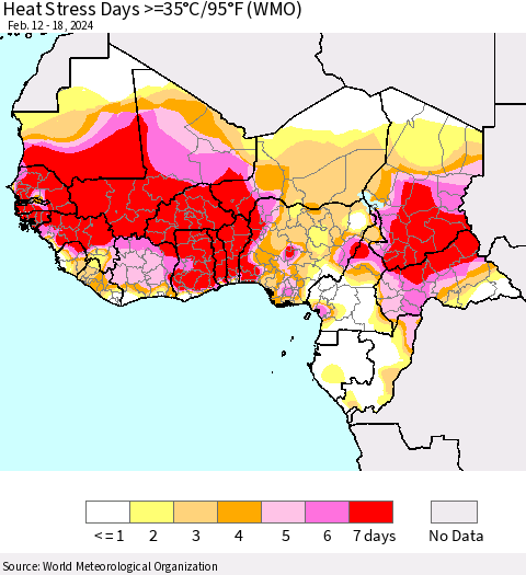 Western Africa Heat Stress Days >=35°C/95°F (WMO) Thematic Map For 2/12/2024 - 2/18/2024