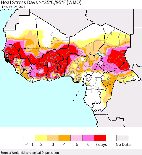 Western Africa Heat Stress Days >=35°C/95°F (WMO) Thematic Map For 2/19/2024 - 2/25/2024