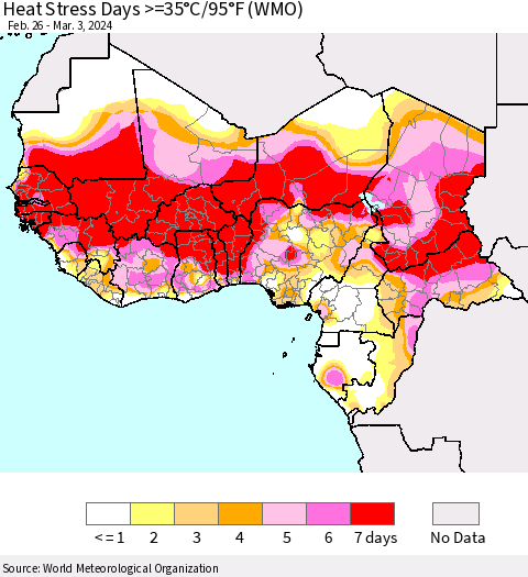 Western Africa Heat Stress Days >=35°C/95°F (WMO) Thematic Map For 2/26/2024 - 3/3/2024