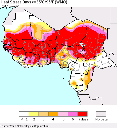 Western Africa Heat Stress Days >=35°C/95°F (WMO) Thematic Map For 3/4/2024 - 3/10/2024