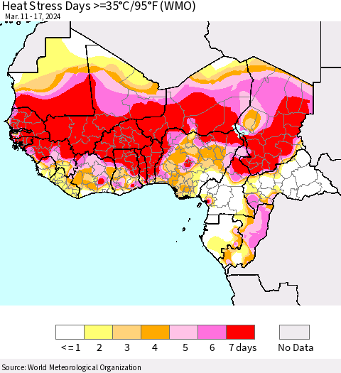 Western Africa Heat Stress Days >=35°C/95°F (WMO) Thematic Map For 3/11/2024 - 3/17/2024
