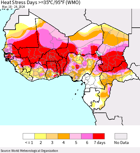 Western Africa Heat Stress Days >=35°C/95°F (WMO) Thematic Map For 3/18/2024 - 3/24/2024