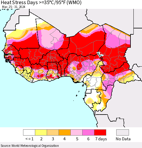 Western Africa Heat Stress Days >=35°C/95°F (WMO) Thematic Map For 3/25/2024 - 3/31/2024