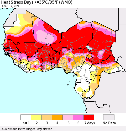 Western Africa Heat Stress Days >=35°C/95°F (WMO) Thematic Map For 4/1/2024 - 4/7/2024