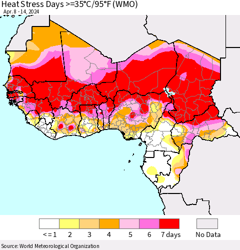 Western Africa Heat Stress Days >=35°C/95°F (WMO) Thematic Map For 4/8/2024 - 4/14/2024