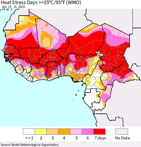 Western Africa Heat Stress Days >=35°C/95°F (WMO) Thematic Map For 4/15/2024 - 4/21/2024