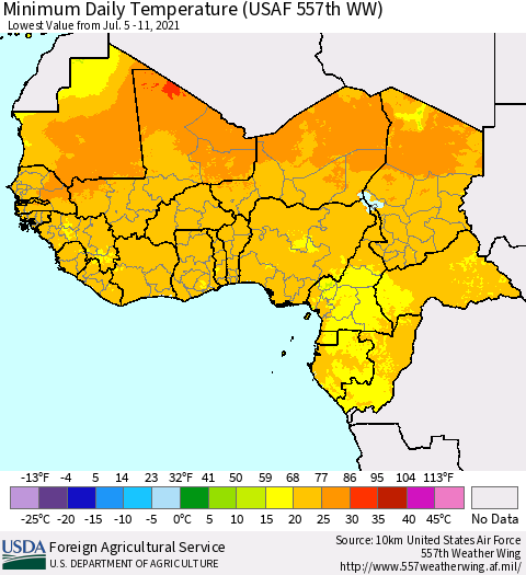 Western Africa Minimum Daily Temperature (USAF 557th WW) Thematic Map For 7/5/2021 - 7/11/2021