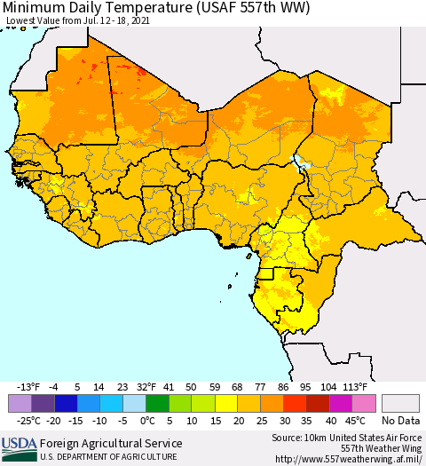 Western Africa Minimum Daily Temperature (USAF 557th WW) Thematic Map For 7/12/2021 - 7/18/2021