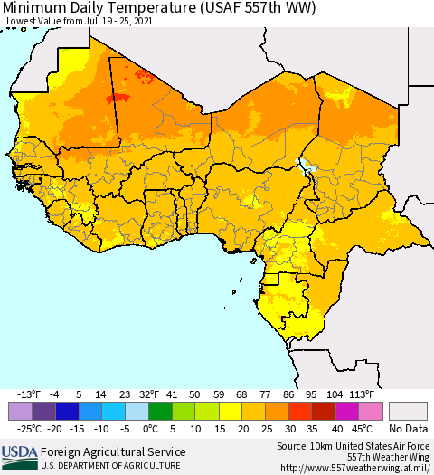 Western Africa Minimum Daily Temperature (USAF 557th WW) Thematic Map For 7/19/2021 - 7/25/2021