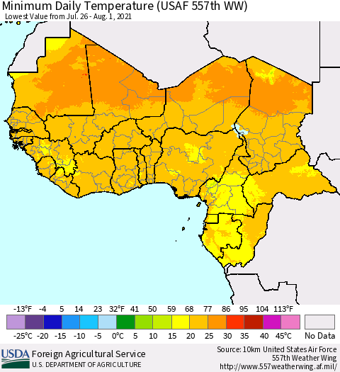 Western Africa Minimum Daily Temperature (USAF 557th WW) Thematic Map For 7/26/2021 - 8/1/2021