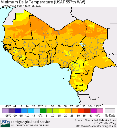 Western Africa Minimum Daily Temperature (USAF 557th WW) Thematic Map For 8/9/2021 - 8/15/2021