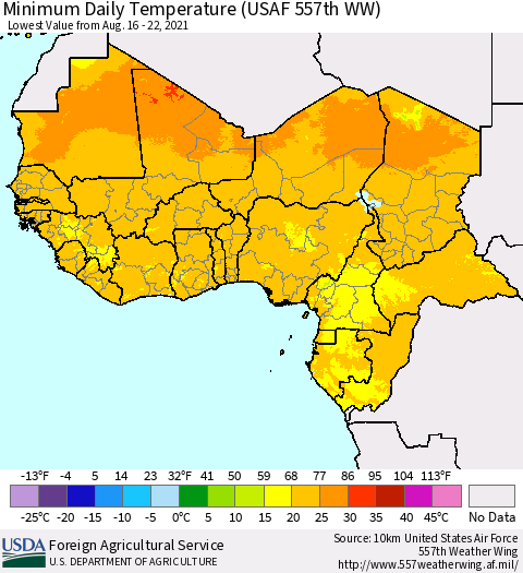 Western Africa Minimum Daily Temperature (USAF 557th WW) Thematic Map For 8/16/2021 - 8/22/2021
