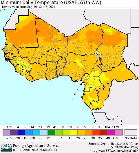 Western Africa Minimum Daily Temperature (USAF 557th WW) Thematic Map For 8/30/2021 - 9/5/2021