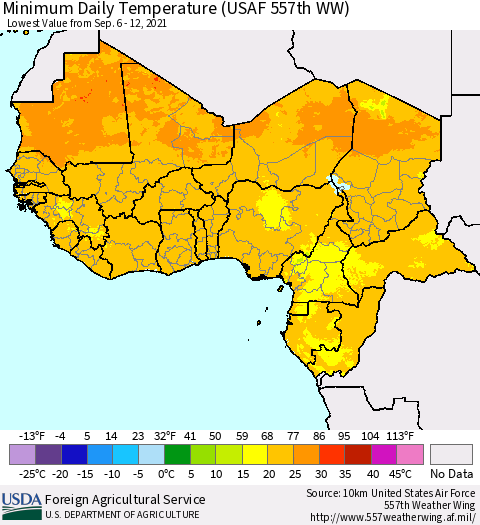 Western Africa Minimum Daily Temperature (USAF 557th WW) Thematic Map For 9/6/2021 - 9/12/2021