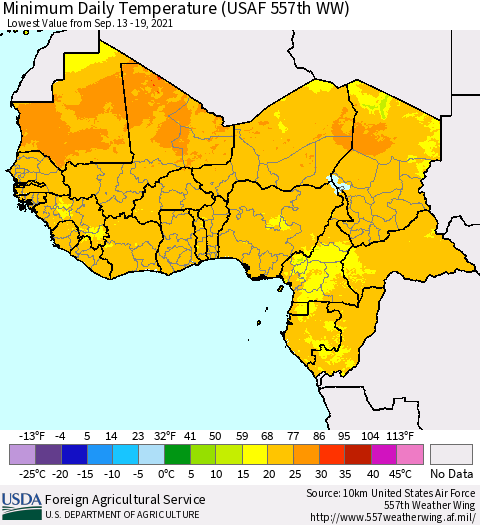 Western Africa Minimum Daily Temperature (USAF 557th WW) Thematic Map For 9/13/2021 - 9/19/2021