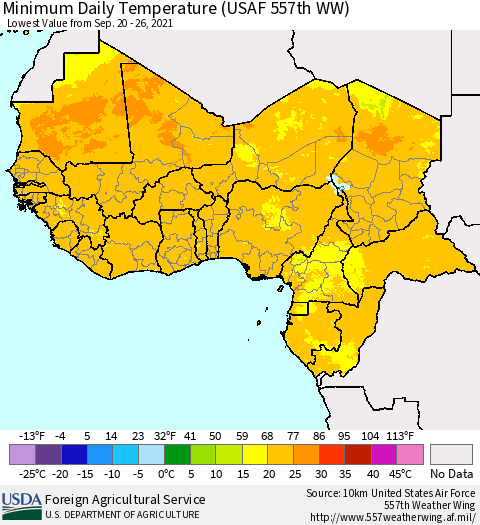 Western Africa Minimum Daily Temperature (USAF 557th WW) Thematic Map For 9/20/2021 - 9/26/2021