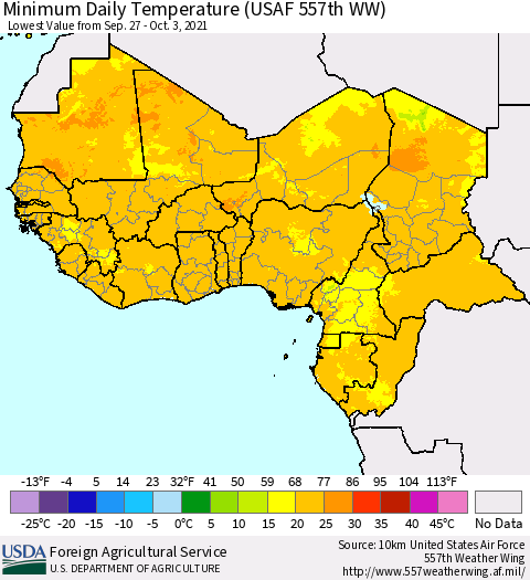 Western Africa Minimum Daily Temperature (USAF 557th WW) Thematic Map For 9/27/2021 - 10/3/2021