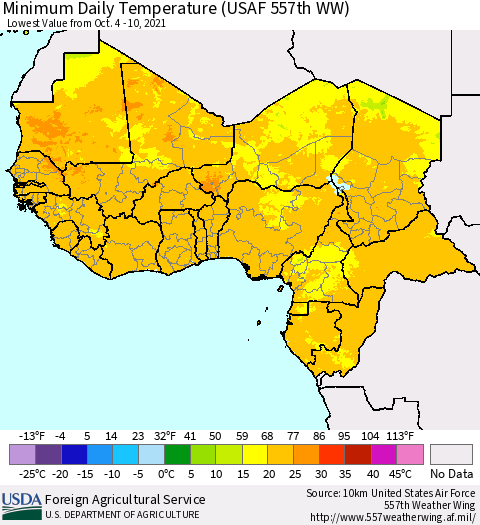 Western Africa Minimum Daily Temperature (USAF 557th WW) Thematic Map For 10/4/2021 - 10/10/2021
