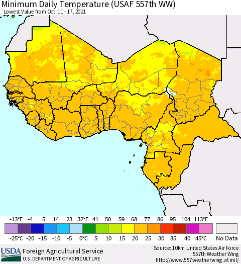 Western Africa Minimum Daily Temperature (USAF 557th WW) Thematic Map For 10/11/2021 - 10/17/2021