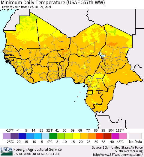 Western Africa Minimum Daily Temperature (USAF 557th WW) Thematic Map For 10/18/2021 - 10/24/2021