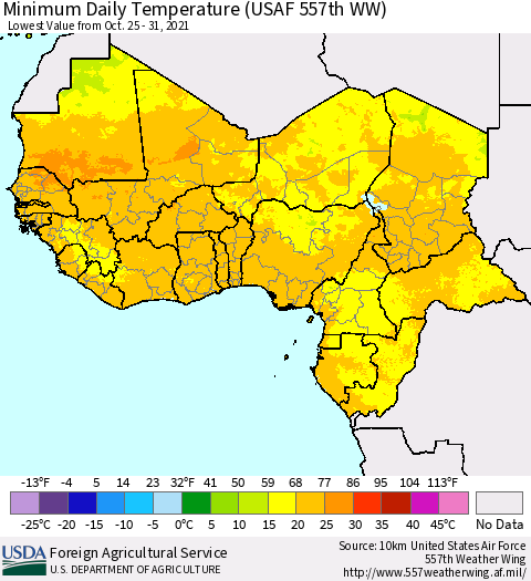 Western Africa Minimum Daily Temperature (USAF 557th WW) Thematic Map For 10/25/2021 - 10/31/2021